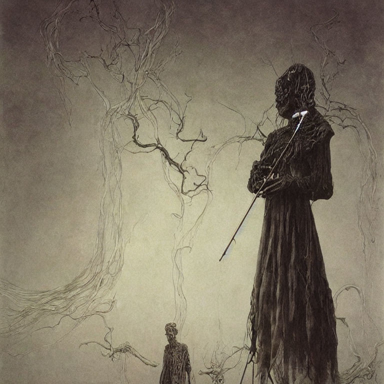 Illustration of towering robed figure with scythe in eerie forest