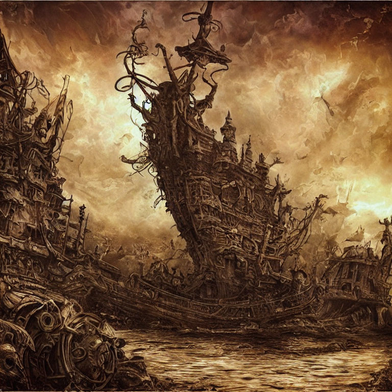 Sepia-toned illustration of a decrepit shipwreck in turbulent waters