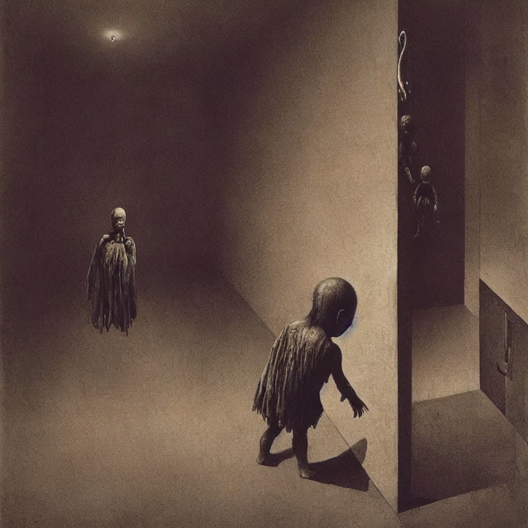 Surreal figures in dimly lit corridor: cloaked, hanging, and creature-like.