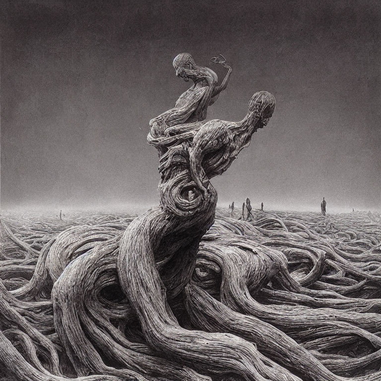 Monochrome drawing of twisted tree with human figures interwoven in trunk and roots