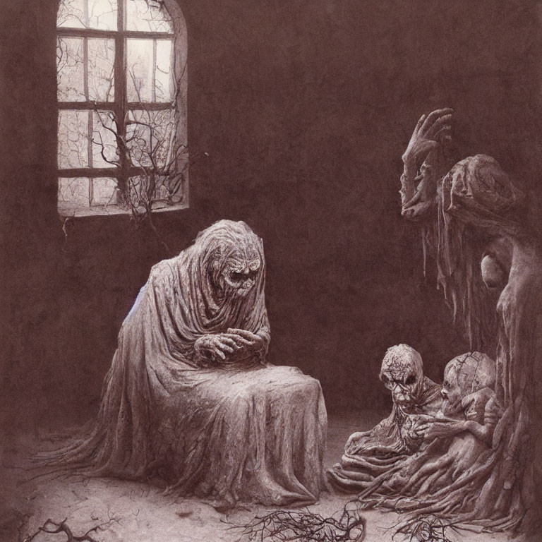 Eerie illustration of robed figure and skeletal creatures in dimly lit room