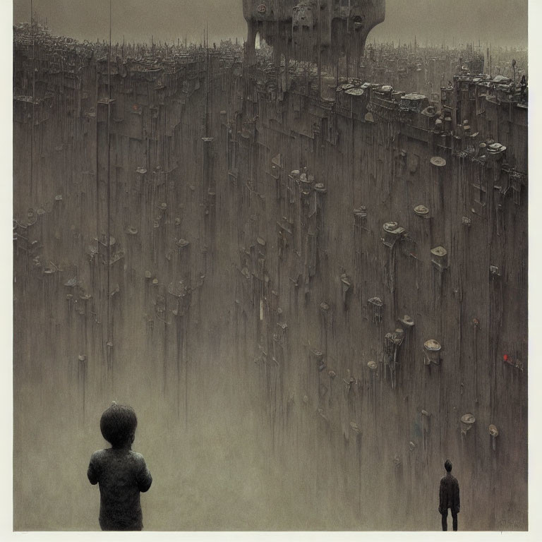 Child in surreal dark field with tall poles and people under gloomy sky