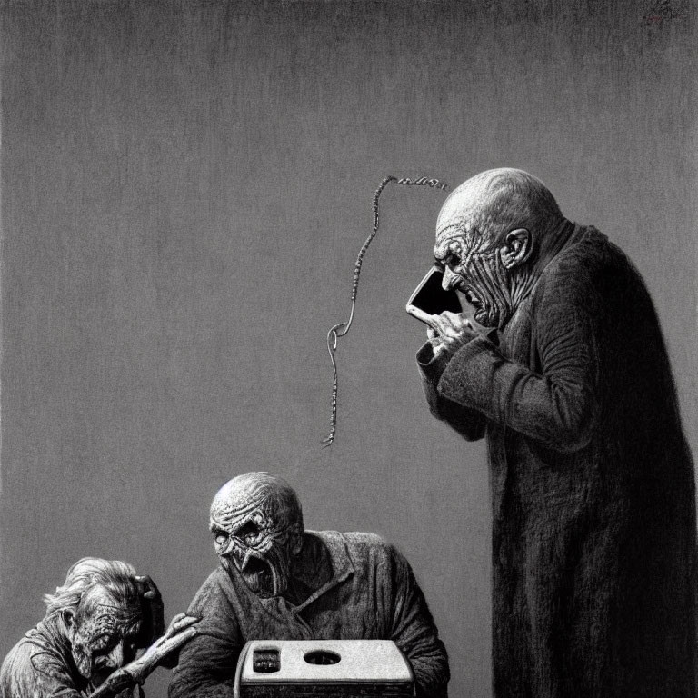 Three elderly figures with phone, hearing aid, and vintage radio.