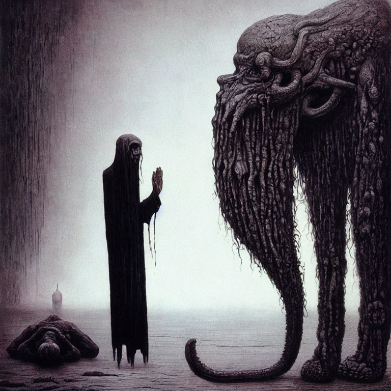 Robed figure with outstretched hand faces large creature under gloomy sky