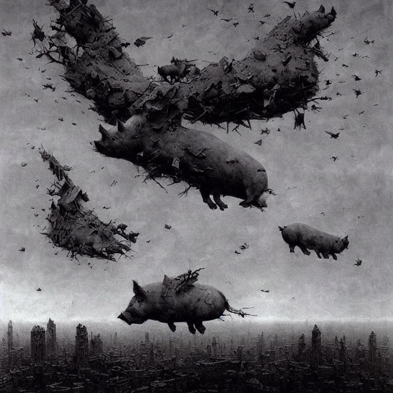 Surreal image: Flying pigs disintegrate into birds above monochrome cityscape