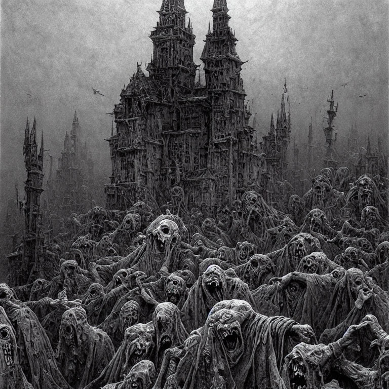 Monochrome artwork of grotesque figures in agony with dark castle.