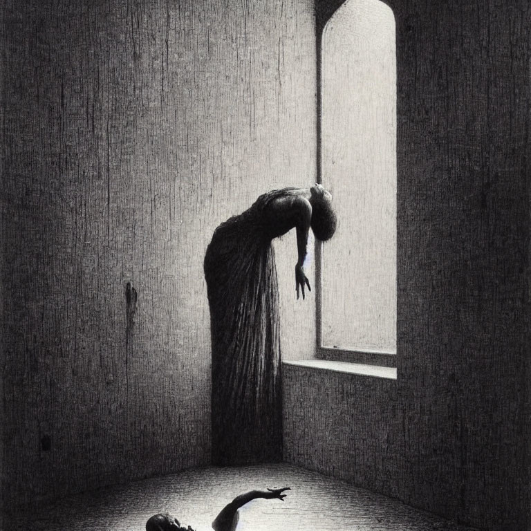 Figure in flowing garment leans out tall window in dimly lit room with shadow cast on floor