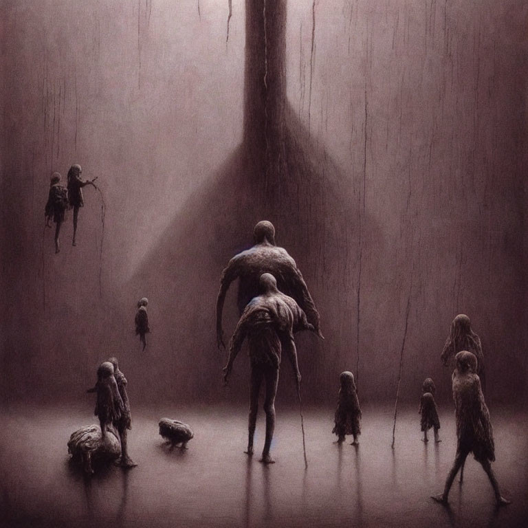 Elongated humanoid figures in dimly lit, eerie setting