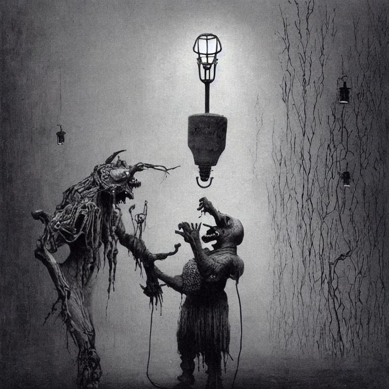 Monochromatic surreal artwork: grotesque figures, hanging from microphone, eerie branches, isolated lanterns