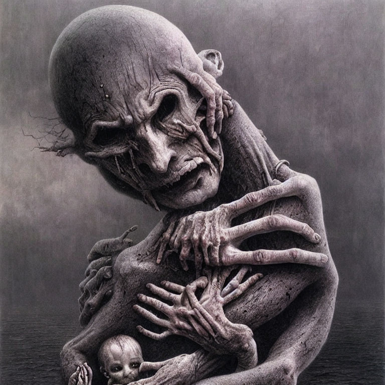 Graphite drawing of skeletal figure cradling infant with exaggerated features