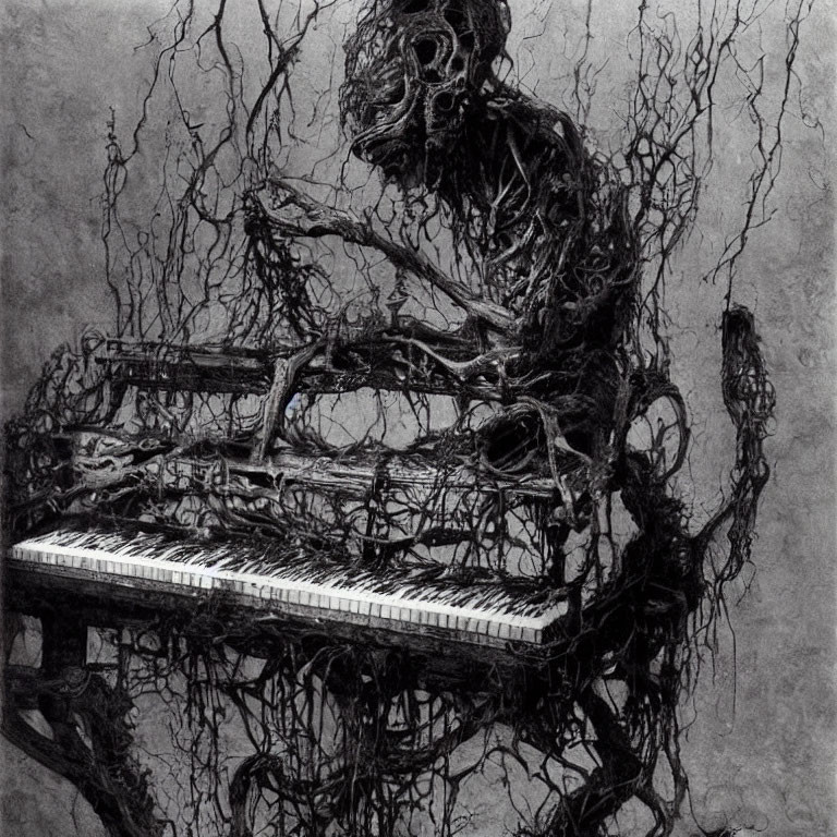 Monochrome illustration of skeletal figure merging with piano in intricate web.