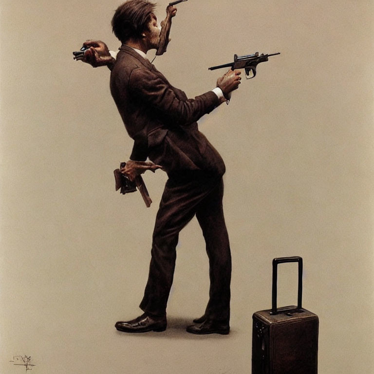 Man in suit holding guns, off-balance with briefcase gun aimed at him