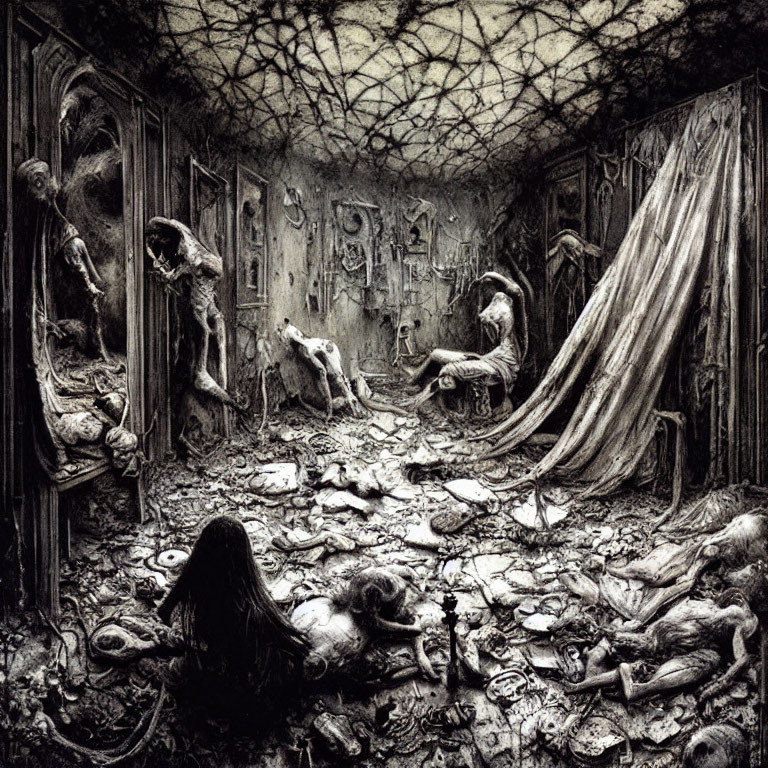 Grim Artwork: Decrepit Hallway with Grotesque Figures