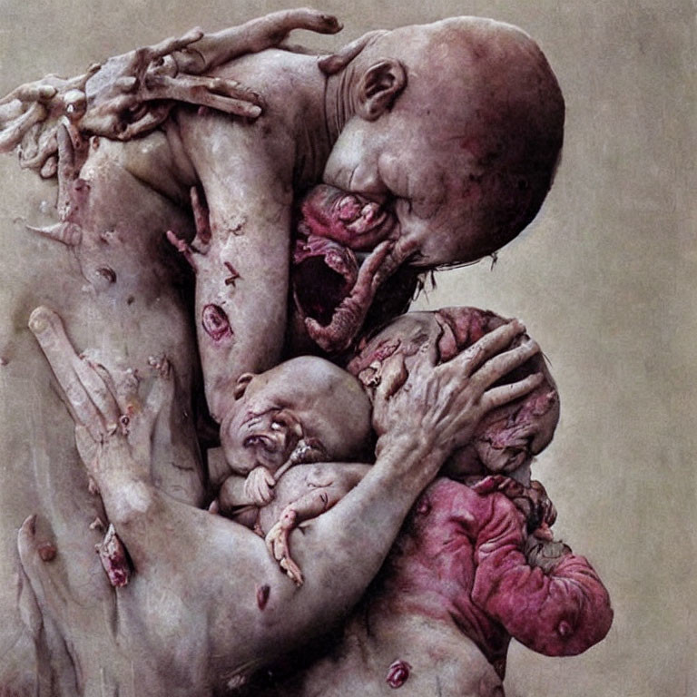 Disturbing painting of fused humanoid figures in surreal art style