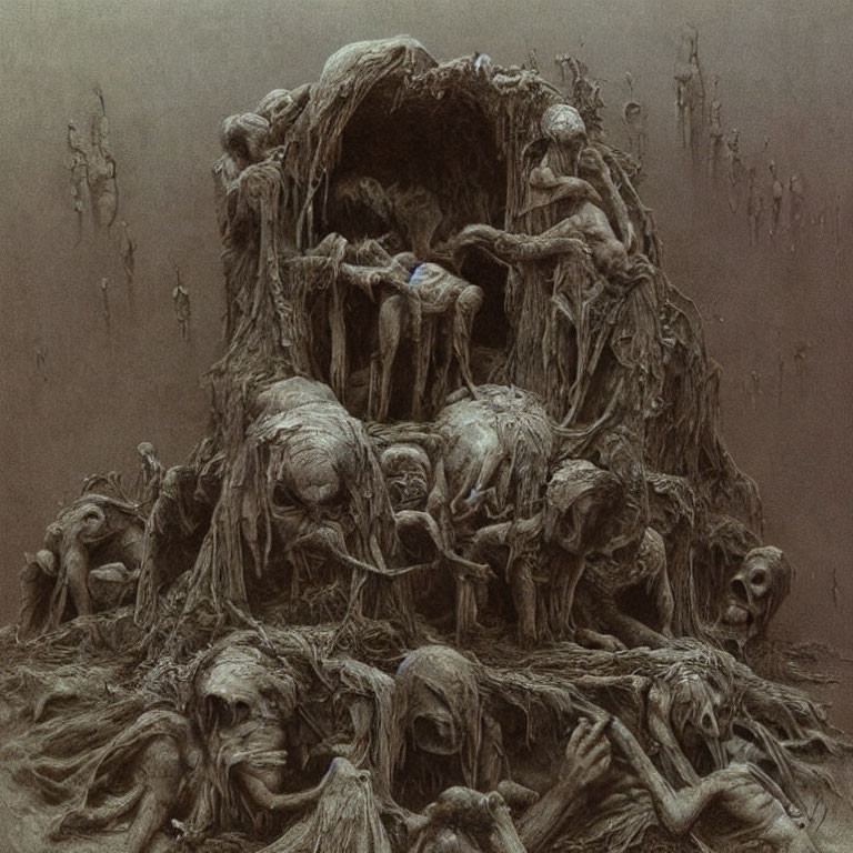 Dystopian artwork: Emaciated figures in tree-like structures