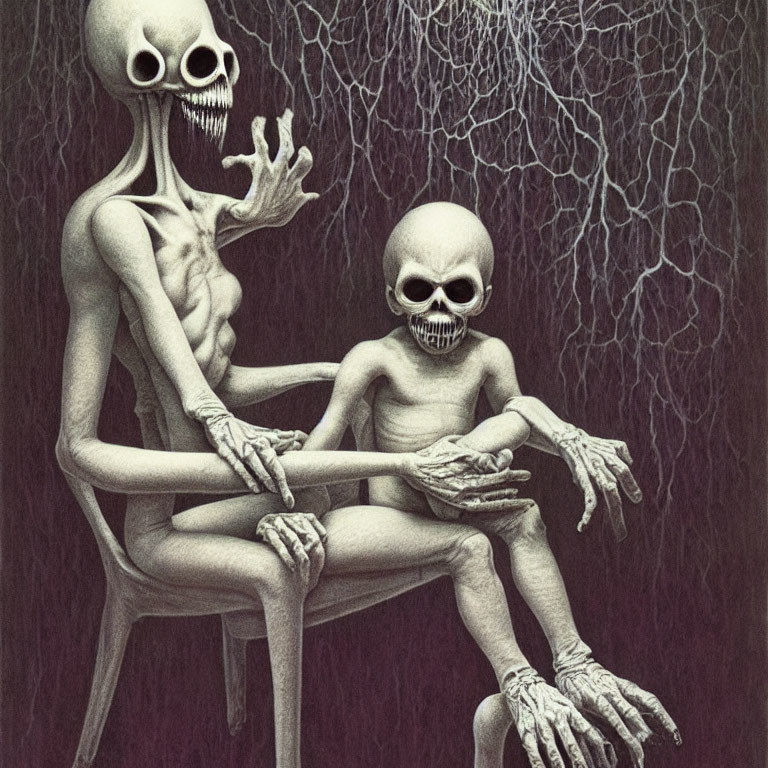 Two skeletal figures with exaggerated bone structures conversing in illustration