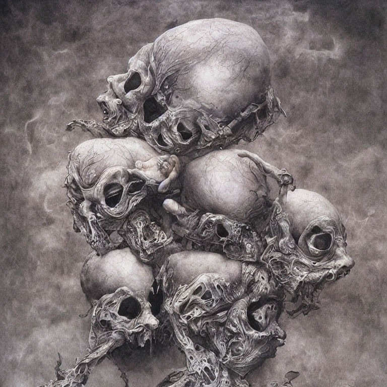 Monochromatic artwork of intertwined human skulls in detailed macabre style