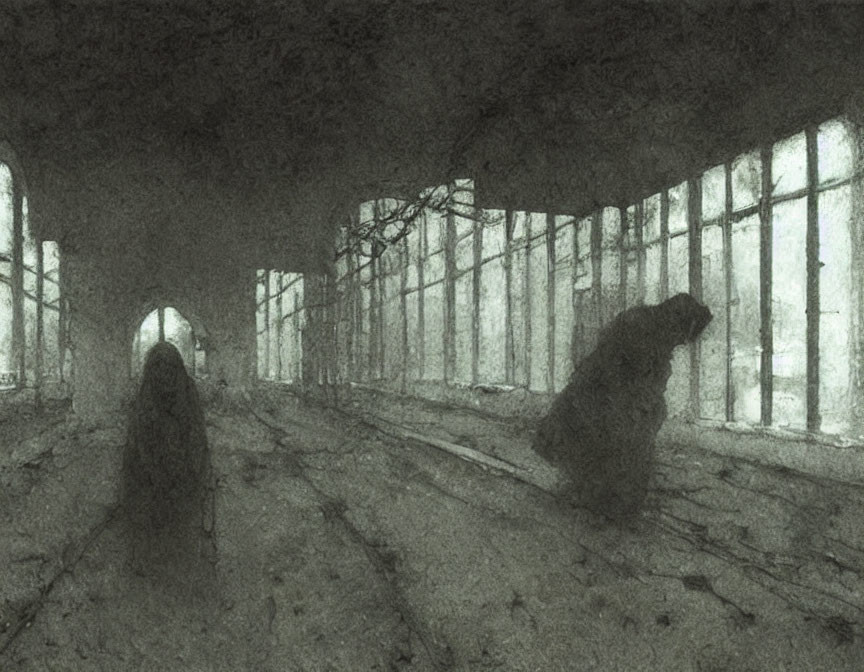 Monochrome sketch of eerie, dilapidated interior with shadowy figures among debris