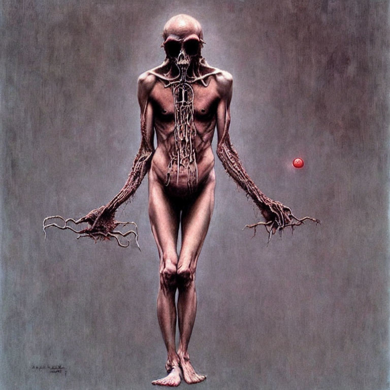 Surreal artwork featuring humanoid figure with elongated limbs and red orb