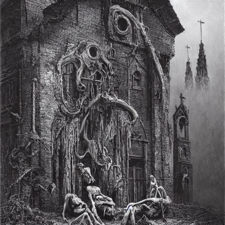 Gothic-style ruins with eerie figures in foggy landscape