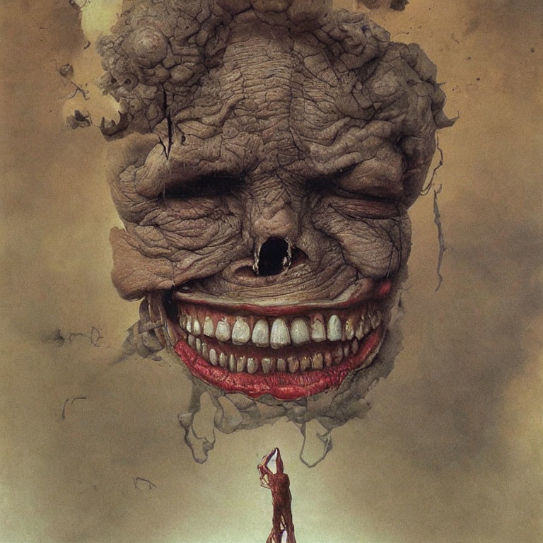 Gigantic withered face smiles in surreal sky art