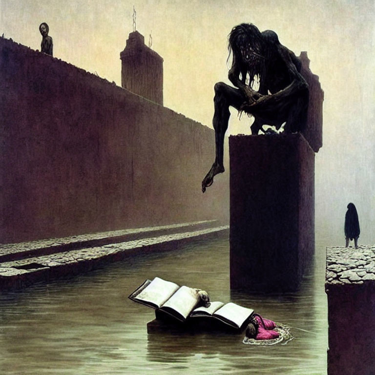 Large Gaunt Creature Seated on Building Overlooking Water in Surreal Painting