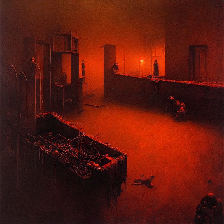 Eerie red-lit room with fog, hospital beds, and shadowy figures