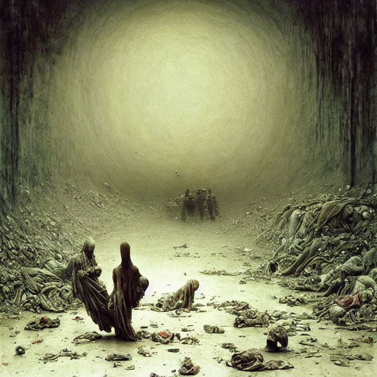 Apocalyptic scene with robed figures in dimly lit tunnel