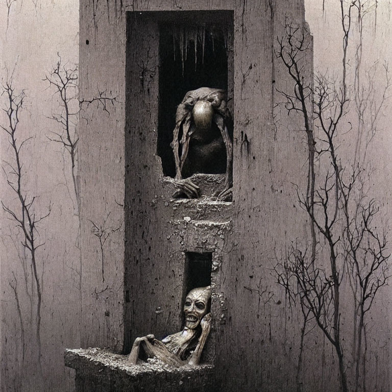 Surreal artwork featuring bulbous-headed figure in crevice with skeletal figure and barren trees