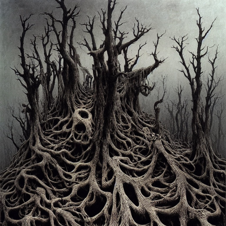 Monochromatic surreal illustration of twisted trees against dark background