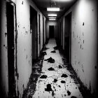 Monochrome photo of distressed corridor with scattered shoes and figures in despair