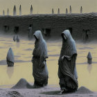 Surreal artwork: Cloaked figures in desert landscape with huts