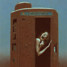 Surreal artwork: eerie zombie-like figures in red phone booth