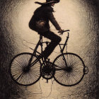 Silhouetted figures on penny-farthing bicycles against dark textured background