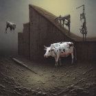 Surreal landscape featuring cows and mechanical structure in dark setting