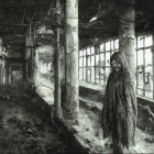 Monochrome sketch of eerie, dilapidated interior with shadowy figures among debris