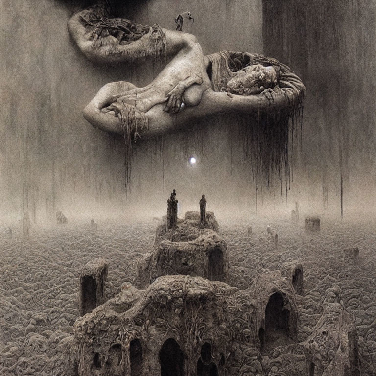 Monochromatic surreal artwork: figures in ruins under floating form