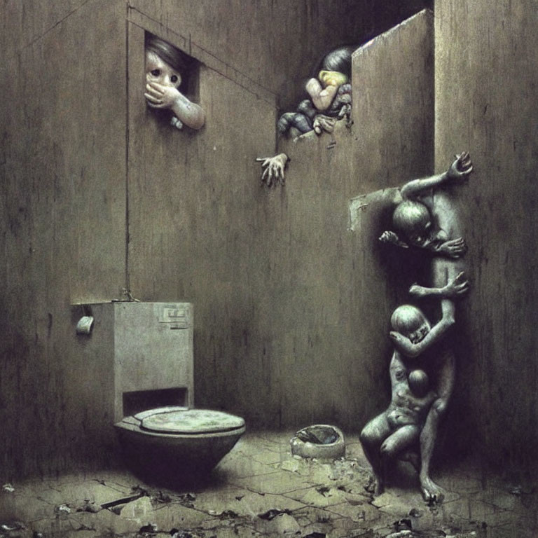 Surreal dark painting of figures in dilapidated room