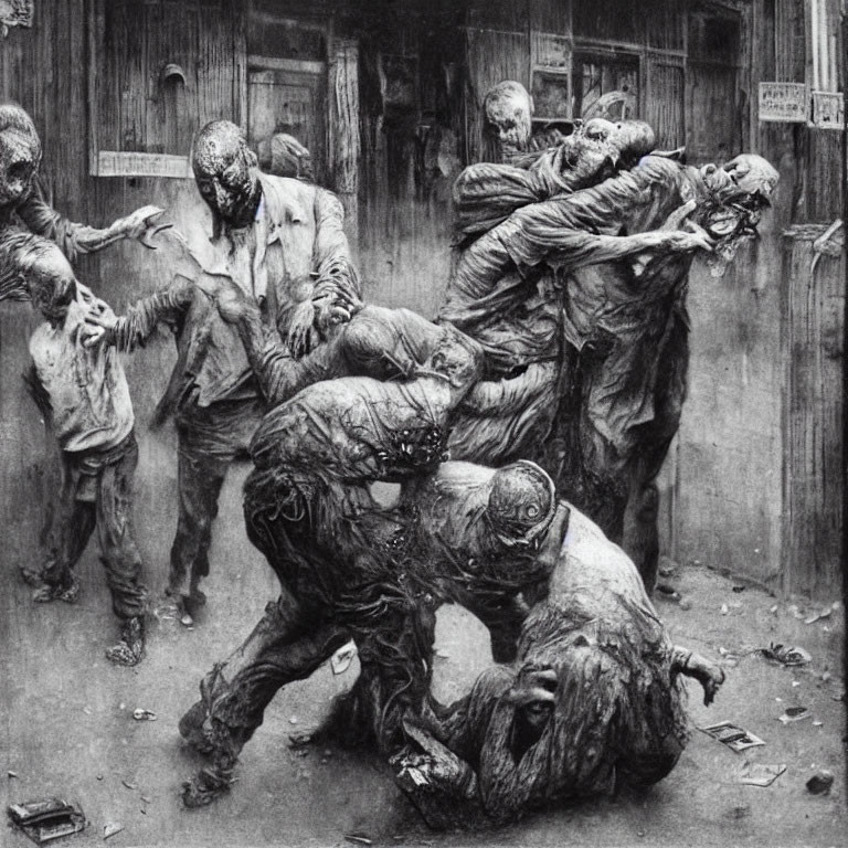 Monochrome drawing of aggressive zombie-like figures in urban setting