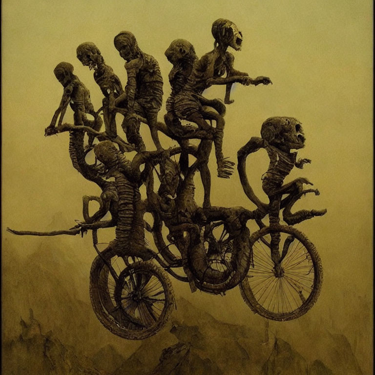 Surreal illustration: Seven skeletal figures riding a bike in whimsical style