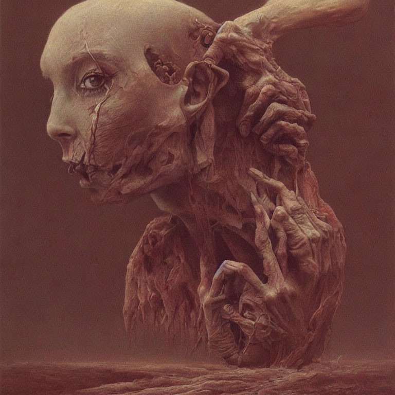 Surreal humanoid figure with melting features in contemplative pose