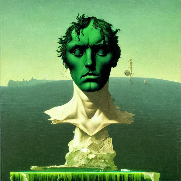 Surreal artwork: Green-faced bust in water with person on stilts