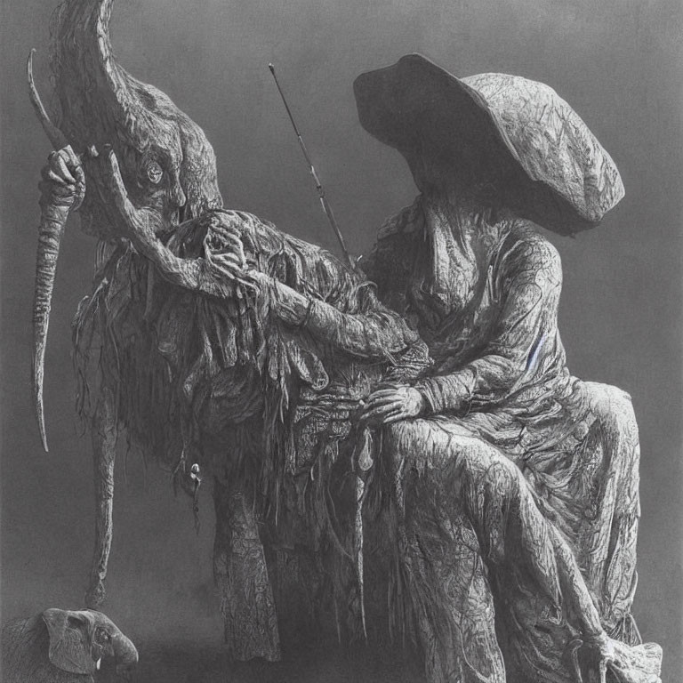 Surreal pencil sketch: Elephant merging with seated person under large hat