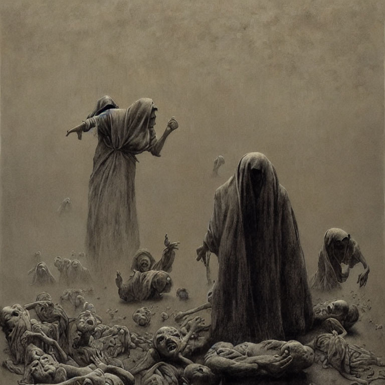 Monochrome artwork of robed figures in barren landscape.