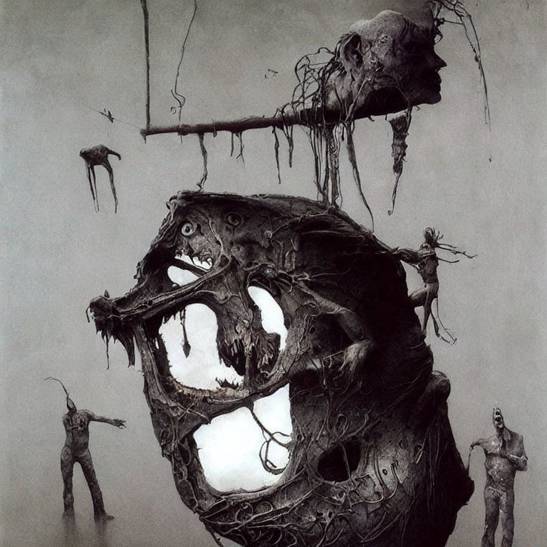 Surreal dark artwork with grotesque head and figures evoking horror