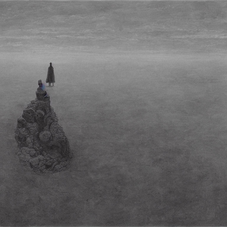 Solitary figure on barren landscape with rock pile and bottle under overcast sky