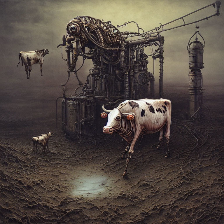 Surreal landscape featuring cows and mechanical structure in dark setting