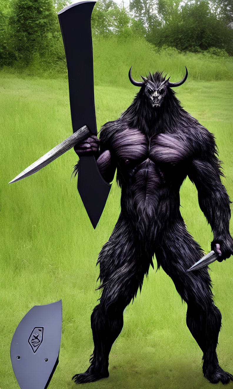 Anthropomorphic creature with fur and horns holding sword and shield in green field