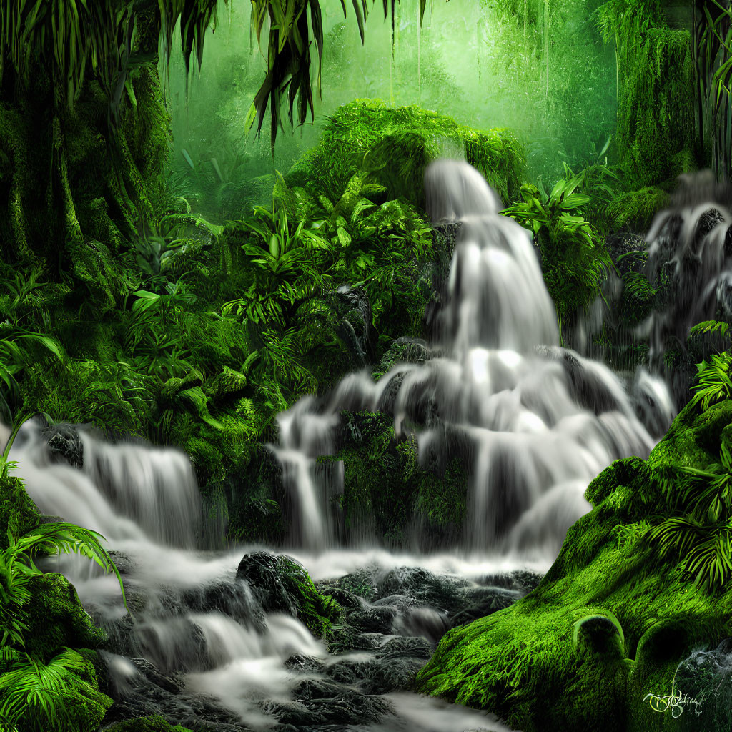 Serene forest scene with cascading waterfall and vibrant foliage