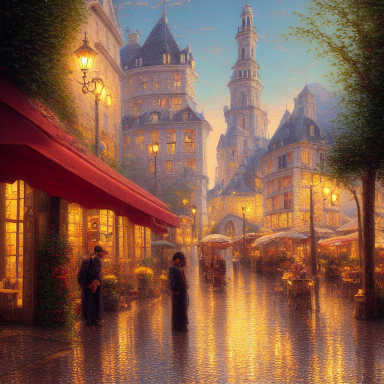 Cobblestoned street at twilight with romantic couple under umbrella